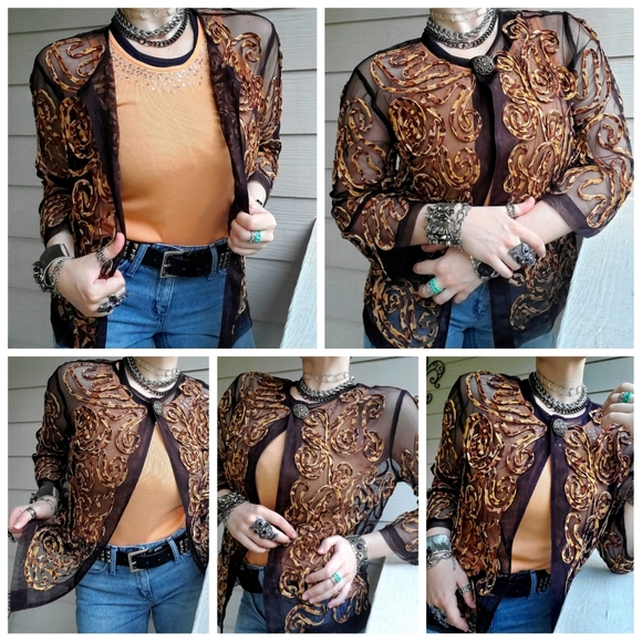 Chico's Brown Sheer Mesh Summer Cardigan w/Sewn-on Animal Print Leopard Swirls - Picture 6 of 16